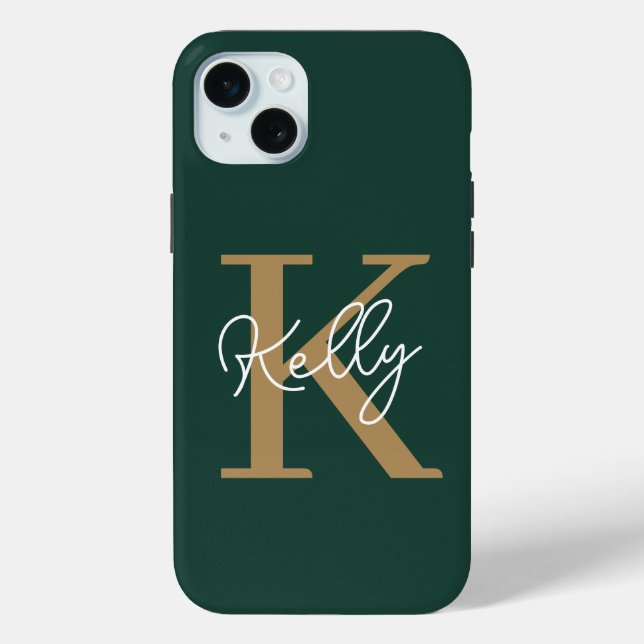Modern Emerald Green Gold Monogram Script Case-Mate iPhone Hülle (Rückseite)