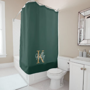 Modern Emerald Green Gold Monogram Script Duschvorhang