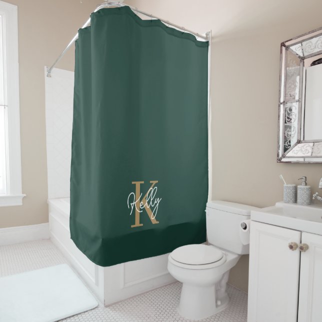 Modern Emerald Green Gold Monogram Script Duschvorhang (Beispiel)