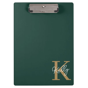 Modern Emerald Green Gold Monogram Script Klemmbrett