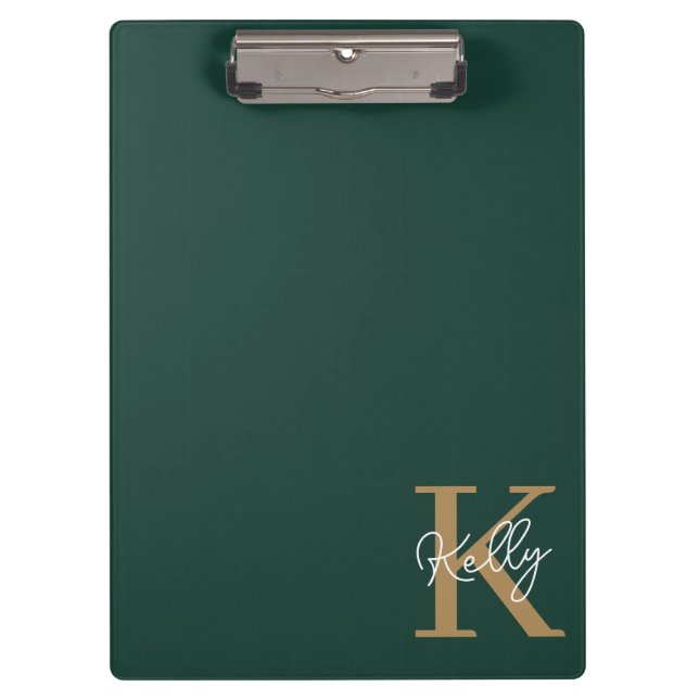 Modern Emerald Green Gold Monogram Script Klemmbrett (Vorderseite)