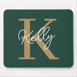 Modern Emerald Green Gold Monogram Script Mousepad
