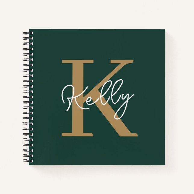 Modern Emerald Green Gold Monogram Script Notizbuch (Vorderseite)