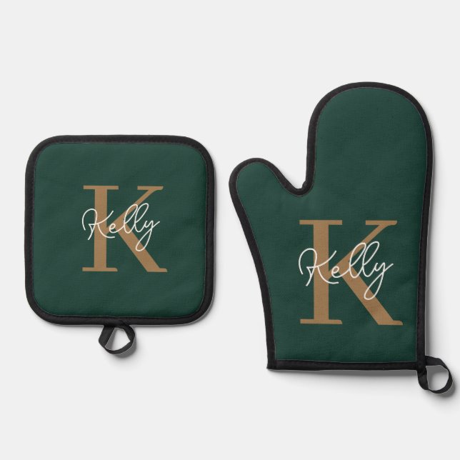 Modern Emerald Green Gold Monogram Script Ofenhandschuh & Topflappen-Set (Vorderseite)