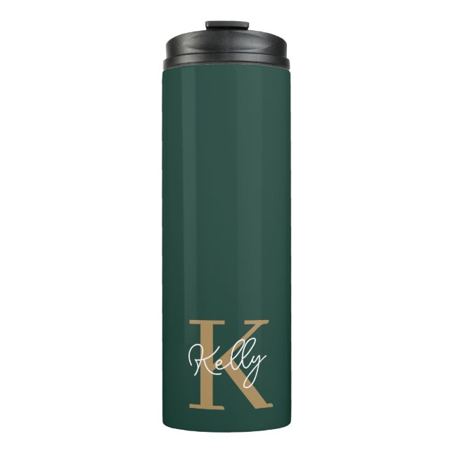 Modern Emerald Green Gold Monogram Script Thermosbecher (Vorderseite)