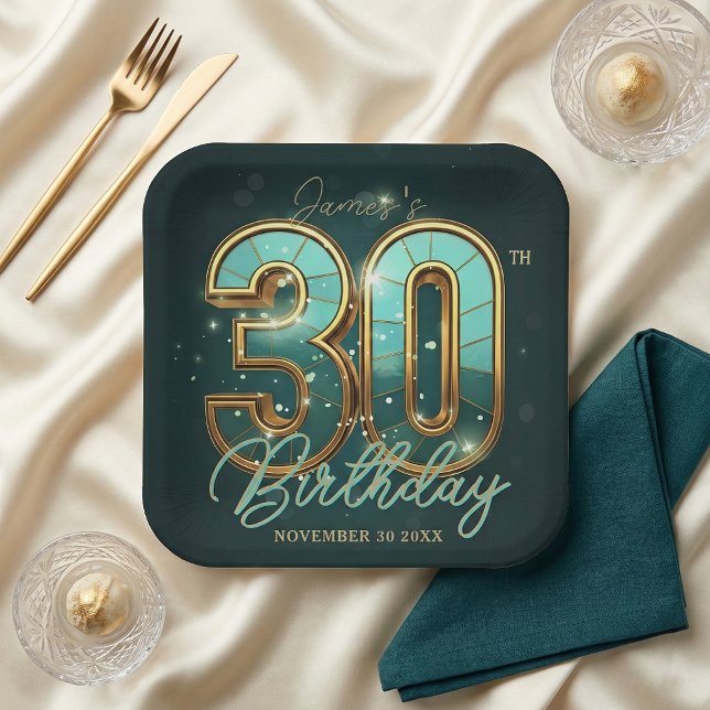 Modern Emerald Green Gold Typography 30th Birthday Pappteller (Von Creator hochgeladen)