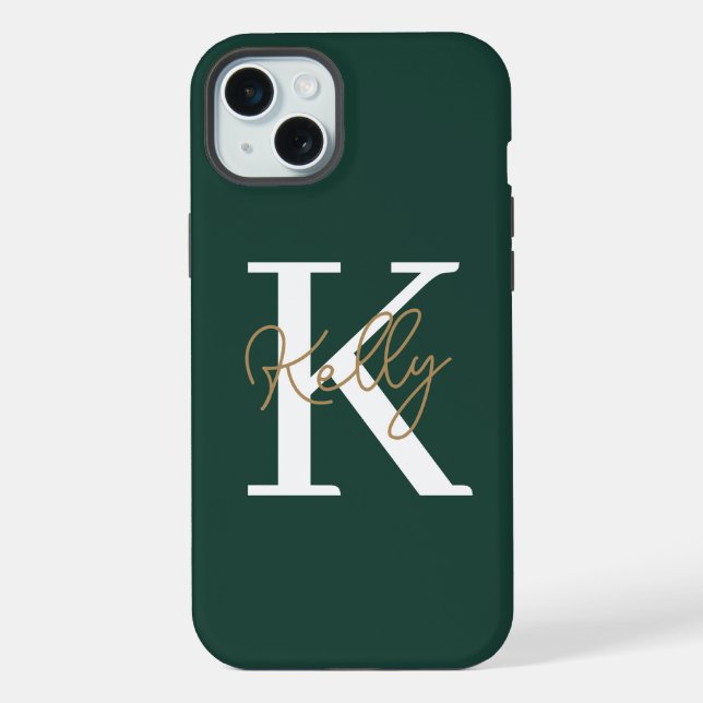 Modern Emerald Green Monogram Script iPhone 15 Plus Hülle (Rückseite)