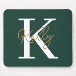 Modern Emerald Green Monogram Script Mousepad