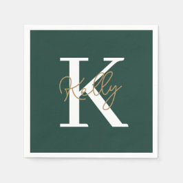 Modern Emerald Green Monogram Script Serviette