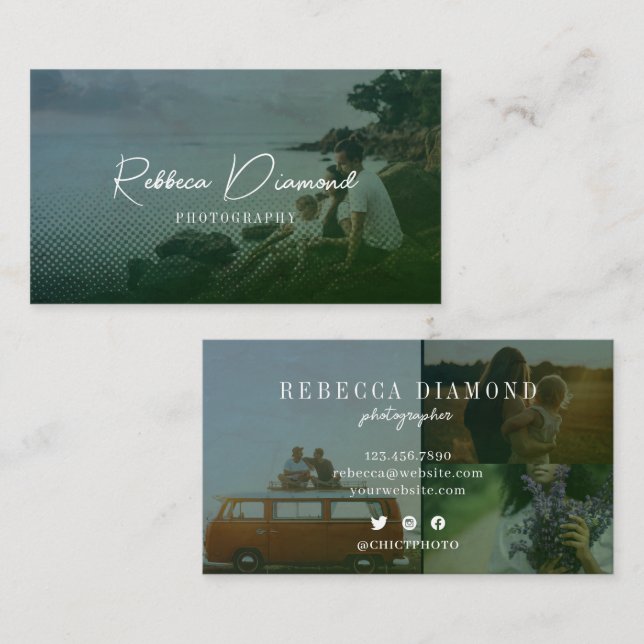 Modern Emerald Green Overlay 4 Foto Script Visitenkarte (Vorne/Hinten)