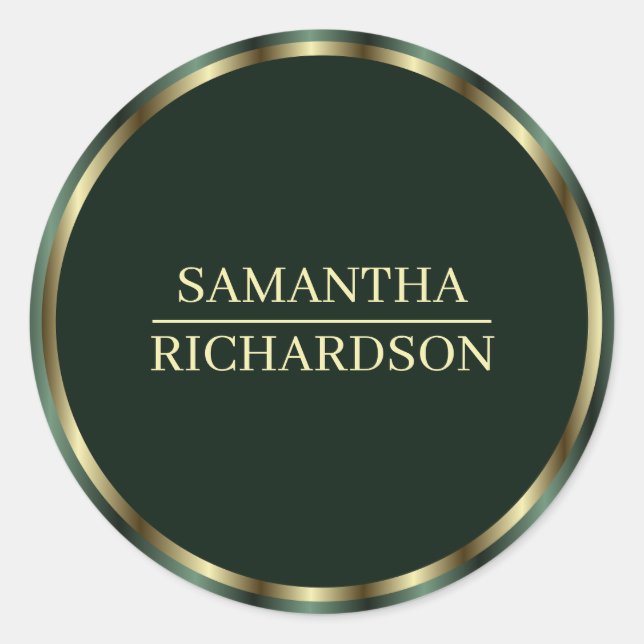 Modern Emerald Green und Gold Border Name Runder Aufkleber (Vorderseite)