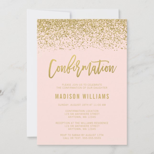 Modern erröten rosa Imitat-GoldGlitzer-Bestätigung Einladung (Vorderseite)