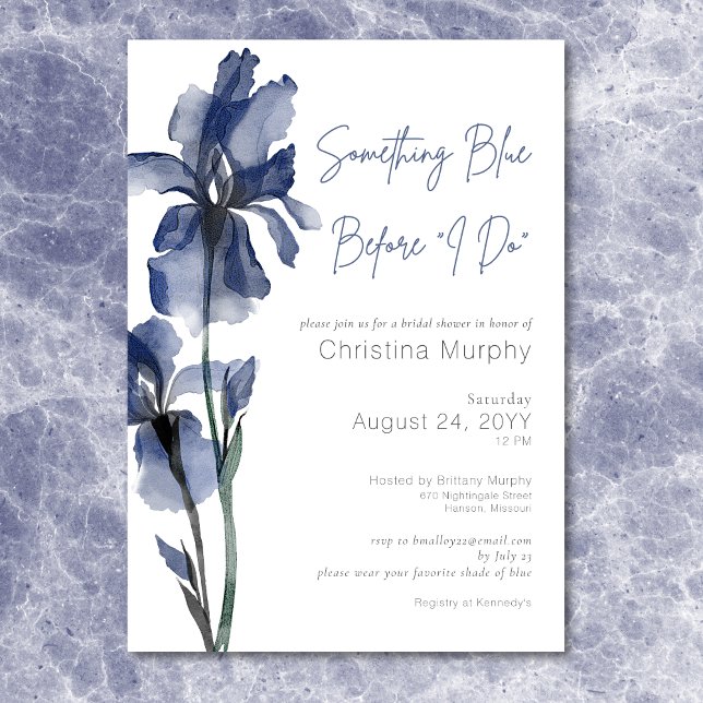Modern etwas Blue Iris Brautparty Einladung (Modern Something Blue Iris Bridal Shower Invitation)