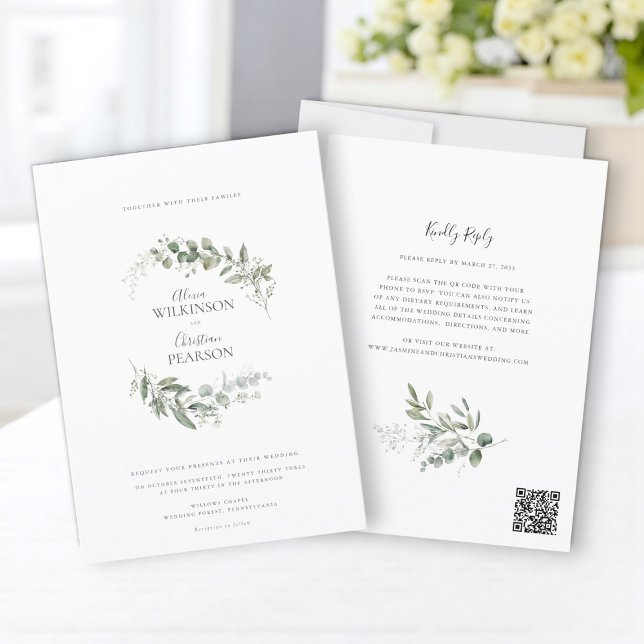 Modern Eucalyptus Greenery Wedding QR Code RSVP Einladung (Von Creator hochgeladen)
