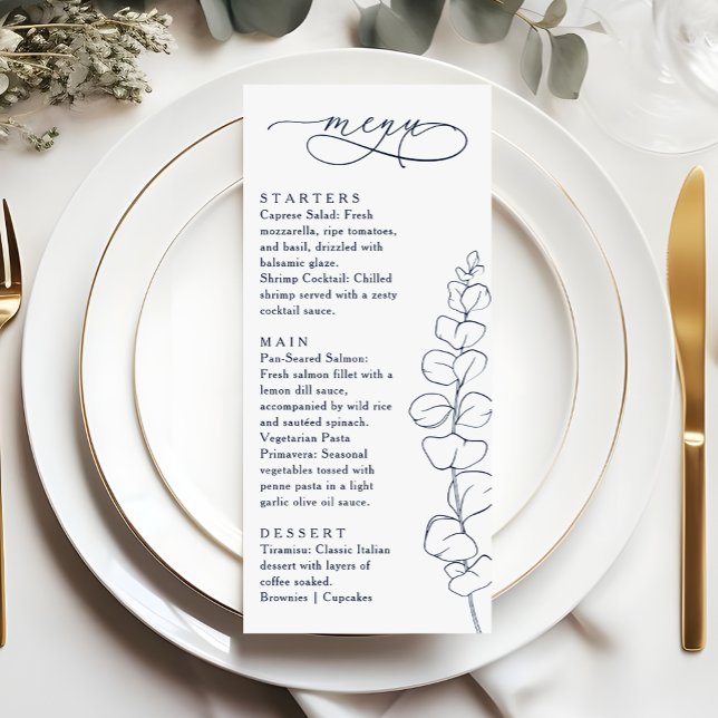 Modern Eucalyptus Navy Blue & White Wedding Dinner Menükarte (Von Creator hochgeladen)