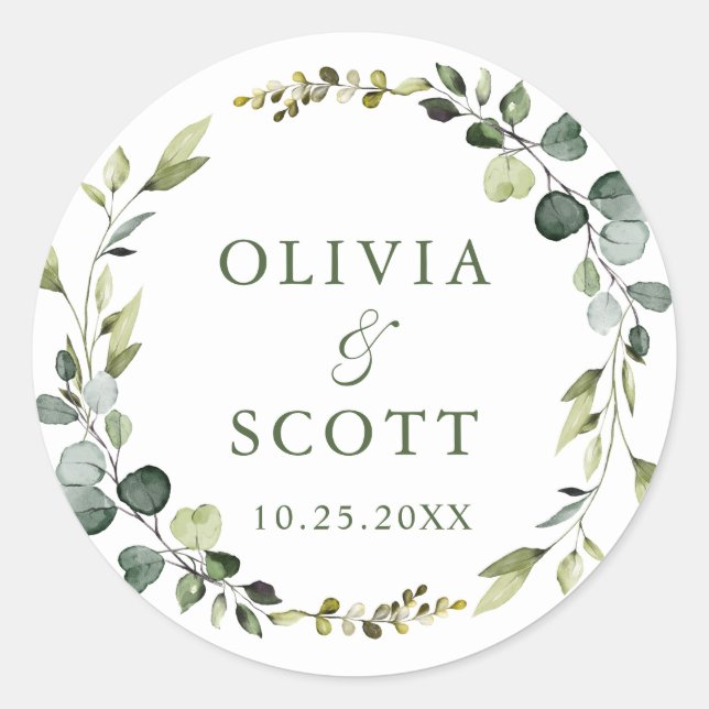 Modern Eucalyptus Wreath Floral Wedding Boho Runder Aufkleber (Vorderseite)