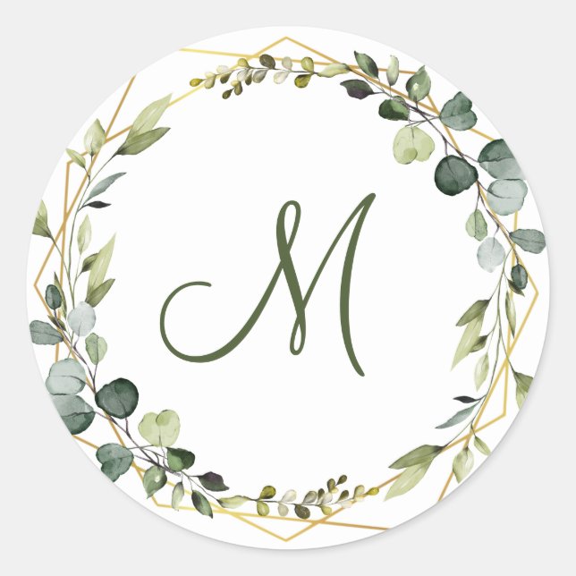 Modern Eucalyptus Wreath MONOGRAM Boho Runder Aufkleber (Vorderseite)