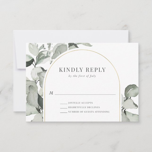 Modern Eukalyptus Gold Arch Wedding RSVP Karte (Vorderseite)