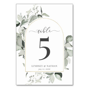 Modern Eukalyptus Gold Arch Wedding Tischnummer
