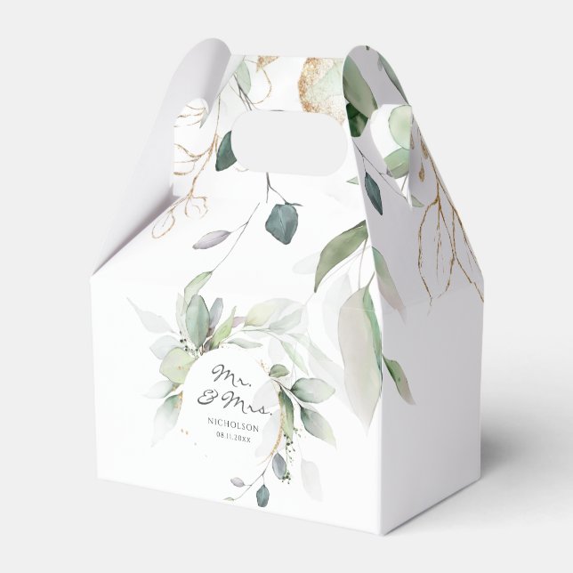 Modern Eukalyptus Greenery Gold Mr. & Mrs. Favor Geschenkschachtel (Vorderseite)