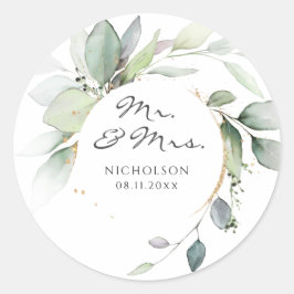 Modern Eukalyptus Greenery Gold Mr. & Mrs. Runder Aufkleber