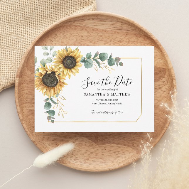 Modern Eukalyptus Sonnenblume Blütengeometrisch Save The Date (Sunflower Floral Eucalyptus Wedding Save the Date Morgana Script)