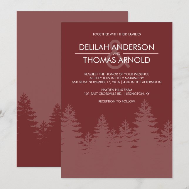 Modern Evergreen Trees Burgundy Winter Wedding Einladung (Vorne/Hinten)