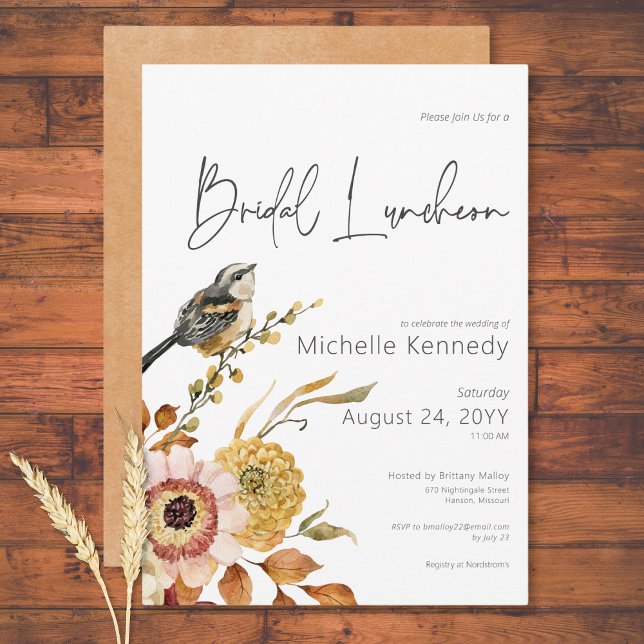 Modern Fall Floral & Bird Bridal Einladung (Modern Fall Floral & Bird Bridal Luncheon Invitation)
