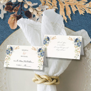 Modern Fall Floral Watercolor Blauer Elfenbeinfarb Platzkarte