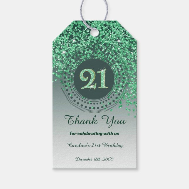 Modern Falling Green Glitter 21st Birthday Geschenkanhänger (Vorderseite)