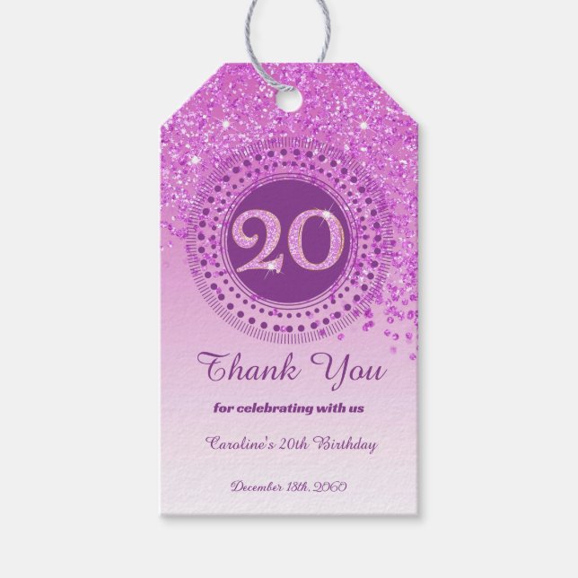 Modern Falling Pink Glitter 20th Birthday Geschenkanhänger (Vorderseite)