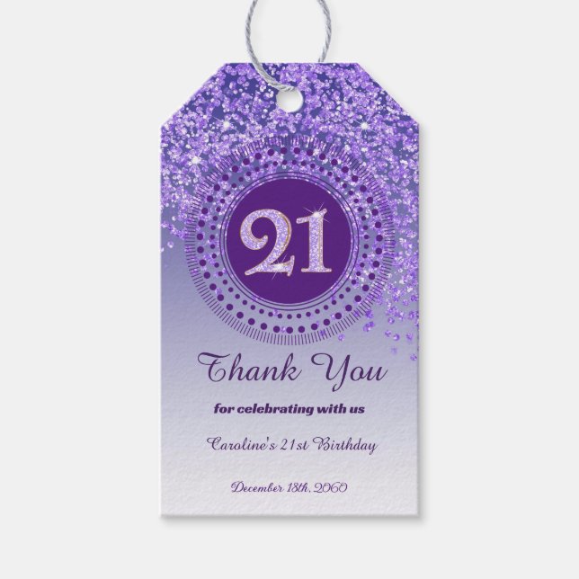 Modern Falling Purple Glitter 21st Birthday Geschenkanhänger (Vorderseite)
