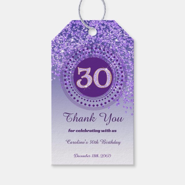 Modern Falling Purple Glitter 30th Birthday Geschenkanhänger (Vorderseite)