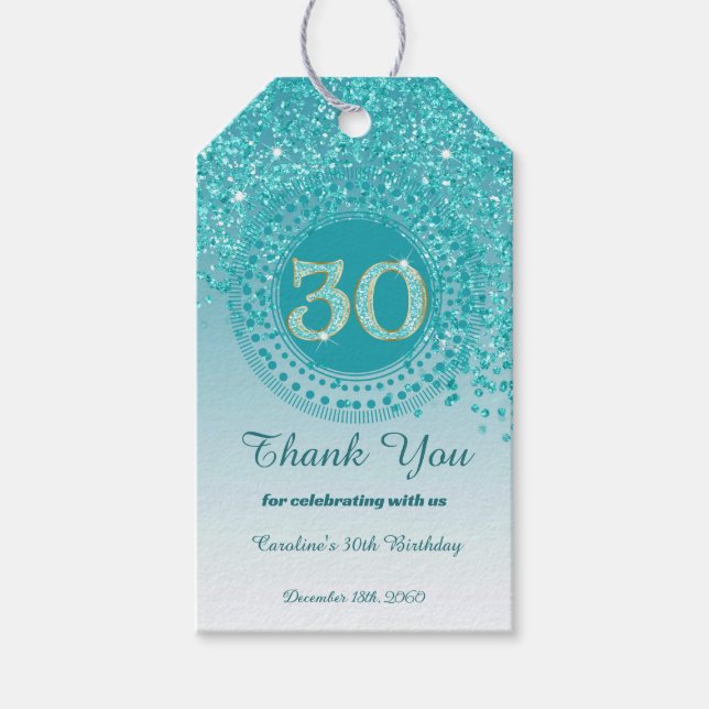 Modern Falling Teal Blue Glitter 30th Birthday Geschenkanhänger (Vorderseite)