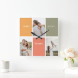 Modern Family Collage Photo | Happy Thanksgiving Quadratische Wanduhr<br><div class="desc">Best Gift For Your Friends And Family,  Personalized Thanksgiving Three Photo And Text With Autumn Colors. Happy Thanksgiving</div>