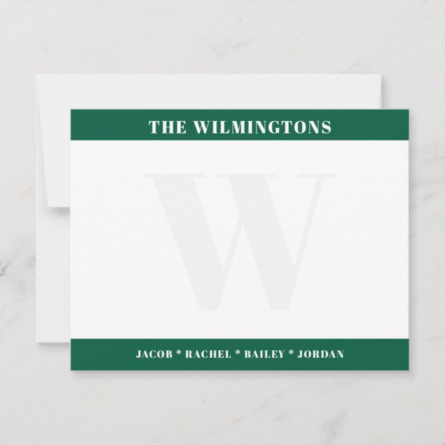 Modern Family Initial Hunter Green Stationery  Mitteilungskarte (Vorderseite)