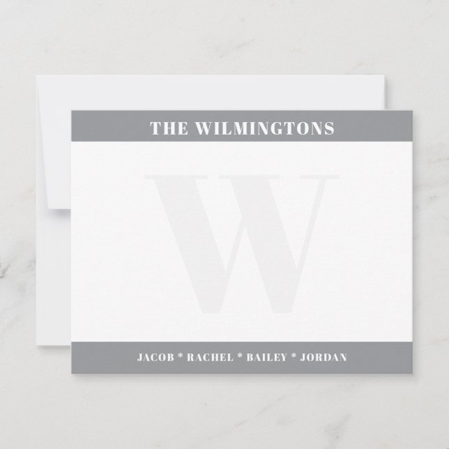 Modern Family Last Name Initial Gray Stationery Mitteilungskarte (Vorderseite)