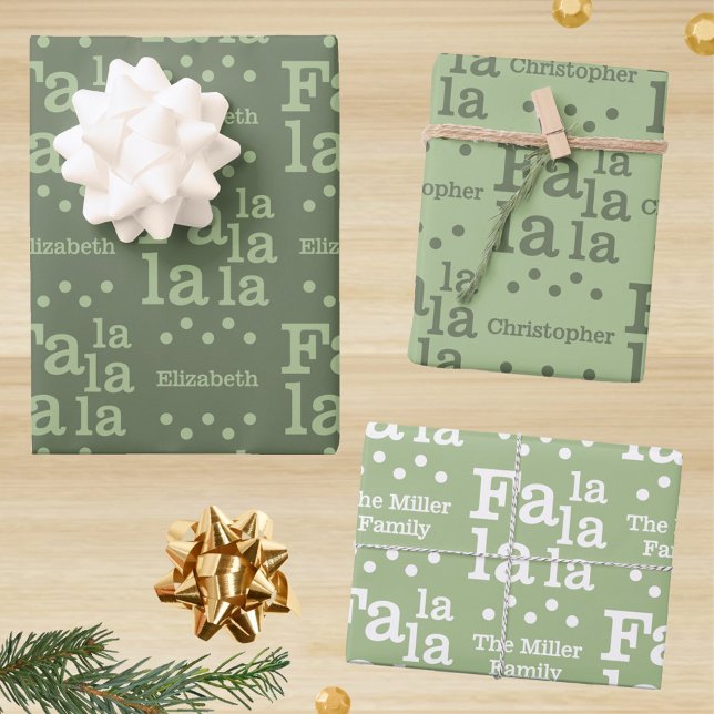 Modern Fan La Green Simple Add Name Weihnachten Geschenkpapier Set (Festive sage green gift wrap sheets for a custom Christmas)