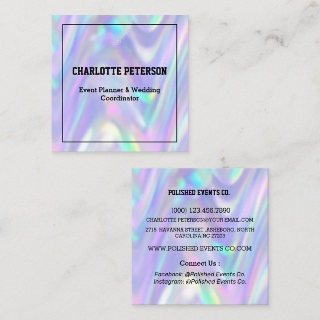 Modern farbenfroh Shiny Holographic Quadratische Visitenkarte (Vorne/Hinten)
