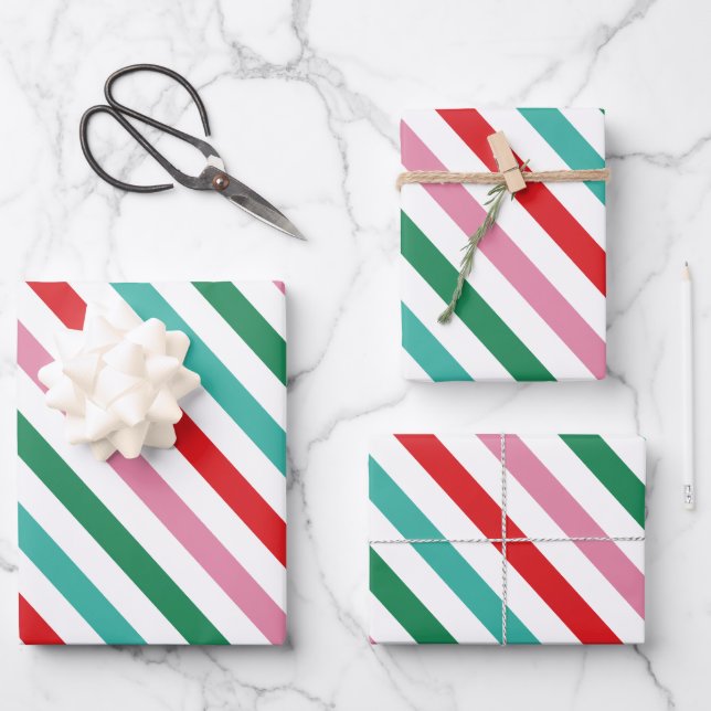 Modern farbige Streifen Weihnachten Geschenkpapier Set (Vorderseite)