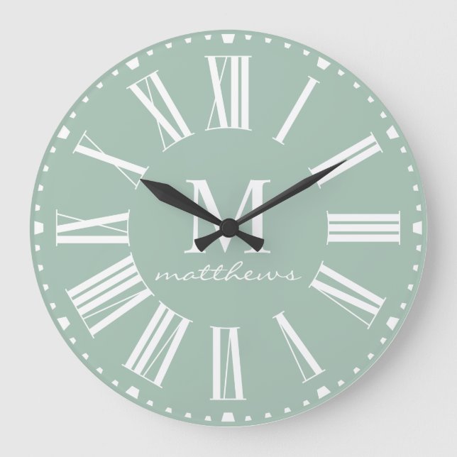 Modern Farmhouse Green Family Name Large Clock  Große Wanduhr (Vorderseite)
