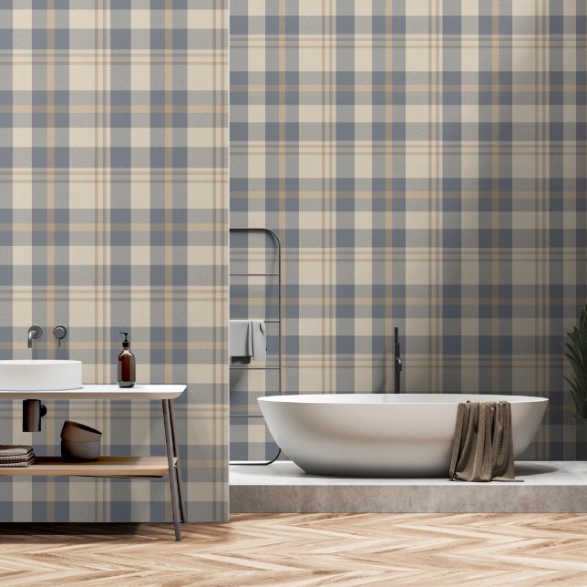 Modern Farmhouse Plaid in Cream and Slate Blue Tapete (Badezimmer)
