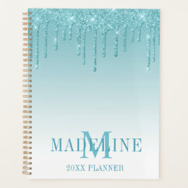 Modern Fashionable Aqua Glitter Monogram Planer