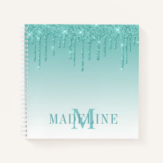 Modern Fashionable Teal Glitter Monogram Notizbuch