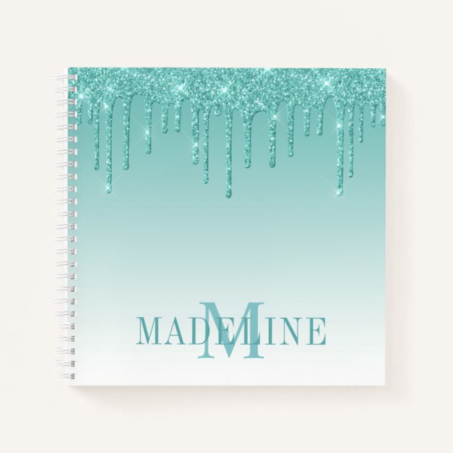 Modern Fashionable Teal Glitter Monogram Notizbuch (Vorderseite)