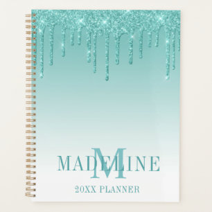 Modern Fashionable Teal Glitter Monogram Planer