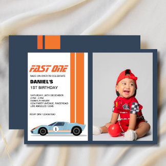 Modern Fast One Race Car 1. Geburtstag Foto Einladung