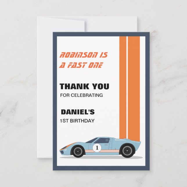 Modern Fast One Race Car Boy 1st Birthday Dankeskarte (Vorderseite)