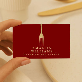 Modern Faux Gold Fork Catering Logo on Red Visitenkarte