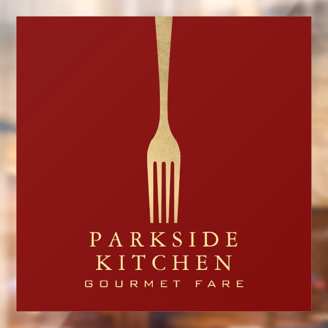 Modern Faux Gold Fork Restaurant Logo on Red Fensteraufkleber (Blatt 2)